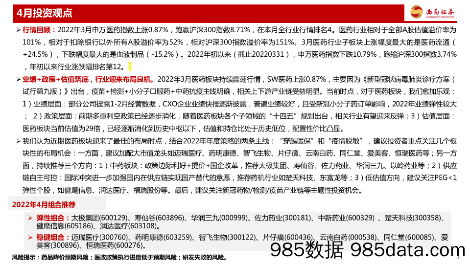 【医疗行业研报】医药行业2022年4月投资月报：业绩+政策+估值筑底，行业迎来布局良机-20220405-西南证券插图1