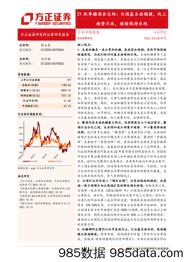 【食品饮料研报】食品饮料行业21秋季糖酒会总结：白酒基本面稳健，向上趋势不改，继续保持乐观-20211024-方正证券