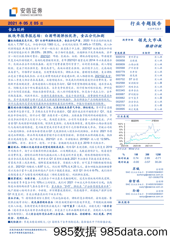 【食品饮料研报】食品饮料行业板块年报季报总结：白酒啤酒弹性优异，食品分化加剧-20210505-安信证券