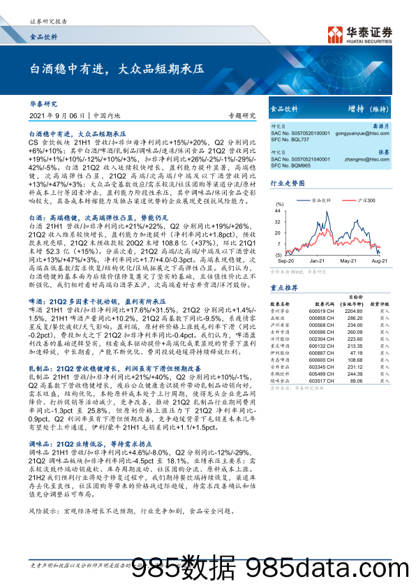 【食品饮料研报】食品饮料行业： 白酒稳中有进，大众品短期承压-20210906-华泰证券