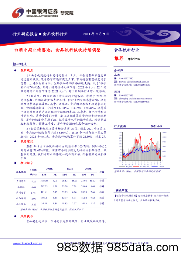 【食品饮料研报】食品饮料行业：白酒中期业绩落地，食品饮料板块持续调整-20210909-银河证券插图