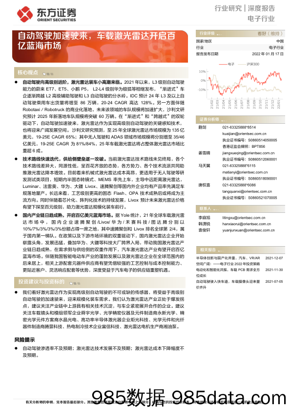 【汽车市场研报】电子行业深度报告：自动驾驶加速驶来，车载激光雷达开启百亿蓝海市场-20220117-东方证券