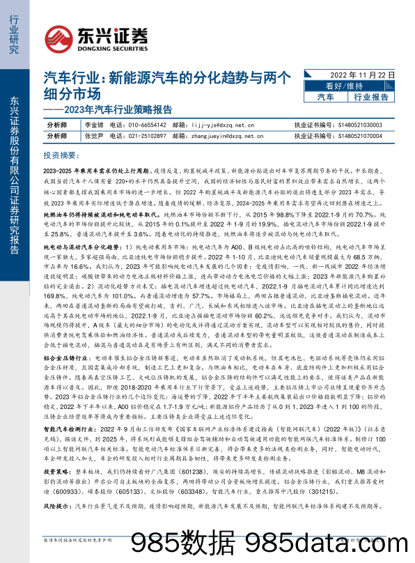 【新能源汽车研报】2023年汽车行业策略报告：汽车行业，新能源汽车的分化趋势与两个细分市场-20221122-东兴证券