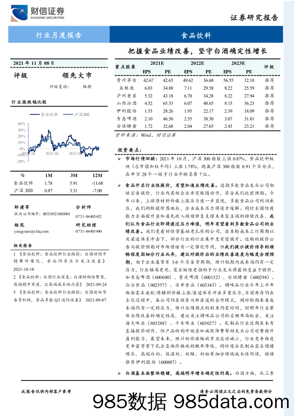 【酒市场研报】食品饮料行业月度报告：把握食品业绩改善，坚守白酒确定性增长-20211108-财信证券