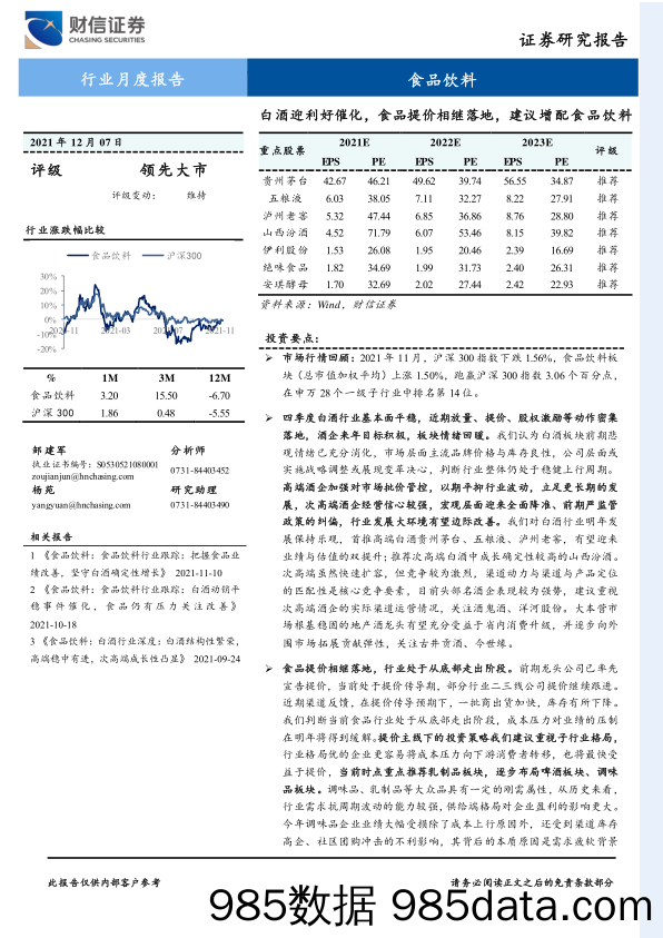 【酒市场研报】食品饮料行业月度报告：白酒迎利好催化，食品提价相继落地，建议增配食品饮料-20211207-财信证券