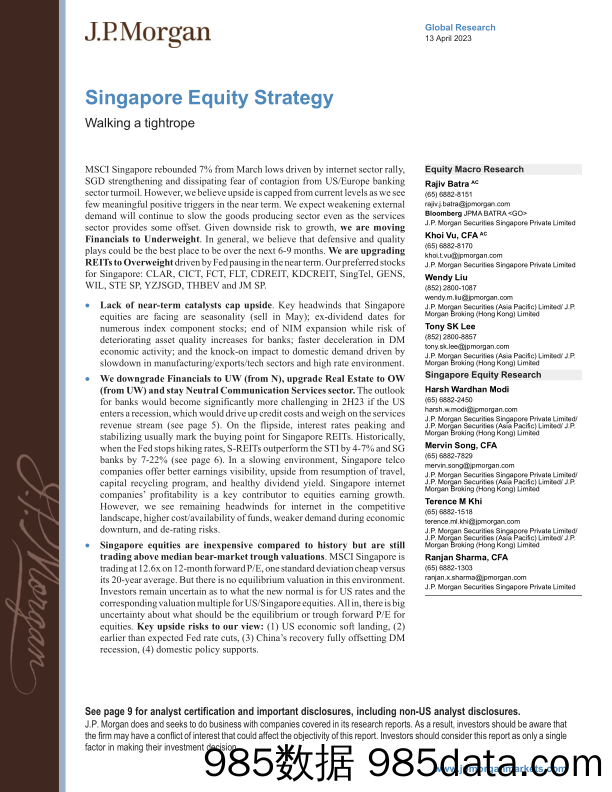 JPMorgan-Singapore Equity Strategy  Walking a tightrope