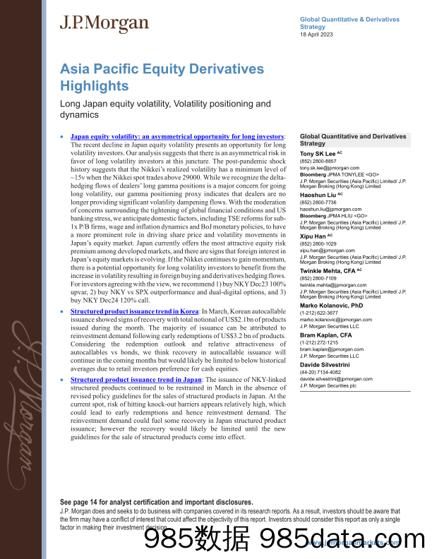 JPMorgan-Asia Pacific Equity Derivatives Highlights  Long Japan equi