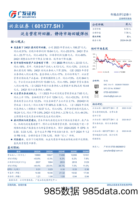 兴业证券(601377)泛自营有所回撤，静待市场回暖弹性-240428-广发证券