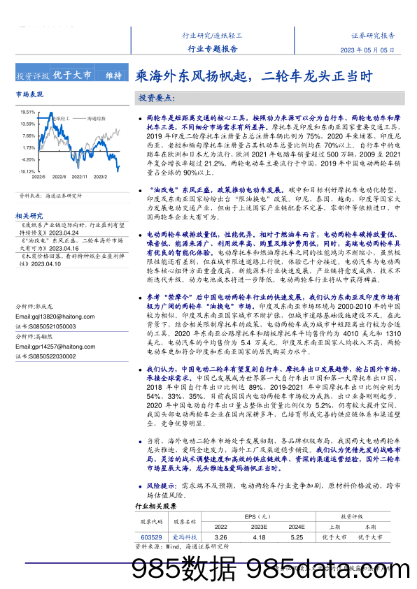 造纸轻工行业专题报告：乘海外东风扬帆起，二轮车龙头正当时-20230505-海通证券