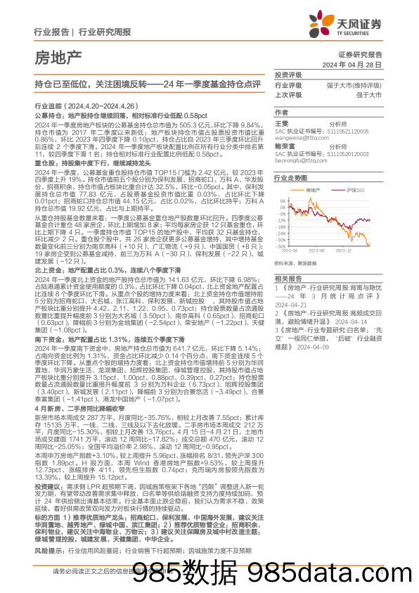 房地产行业24年一季度基金持仓点评：持仓已至低位，关注困境反转-240428-天风证券