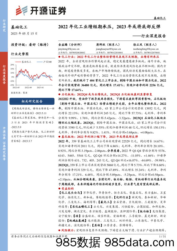 基础化工行业深度报告：2022年化工业绩短期承压，2023年或将底部反弹-20230515-开源证券