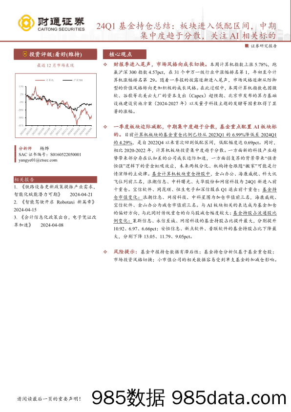 计算机行业24Q1基金持仓总结：板块进入低配区间，中期集中度趋于分散，关注AI相关标的-240428-财通证券