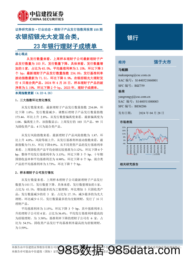 银行业理财子产品发行指数周报第155期：农银招银光大发混合类，23年银行理财子成绩单-240428-中信建投插图