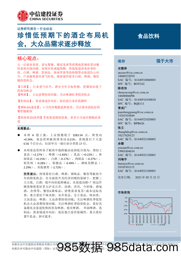 食品饮料行业：珍惜低预期下的酒企布局机会，大众品需求逐步释放-20230521-中信建投