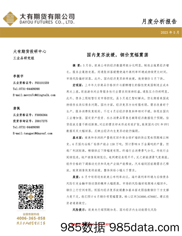 月度分析报告：国内复苏放缓，铜价宽幅震荡-20230531-大有期货