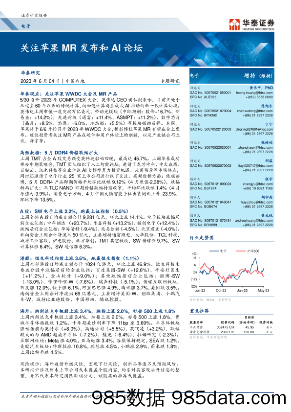 电子行业专题研究：关注苹果MR发布和AI论坛-20230604-华泰证券