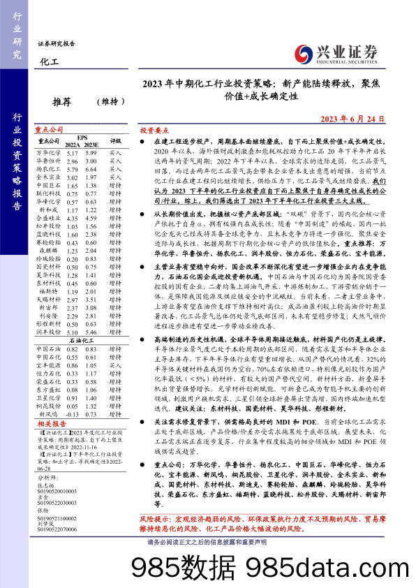 2023年中期化工行业投资策略：新产能陆续释放，聚焦价值+成长确定性-20230624-兴业证券