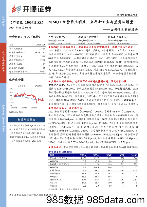 亿田智能(300911)公司信息更新报告：2024Q1经营承压明显，全年新业务有望贡献增量-240505-开源证券