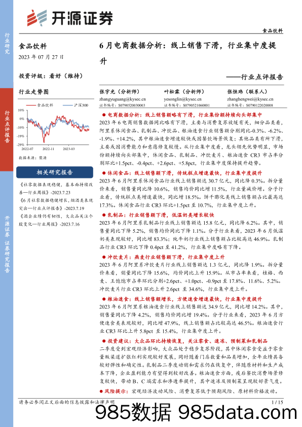 【电商市场报告】食品饮料行业6月电商数据分析：线上销售下滑，行业集中度提升-20230727-开源证券