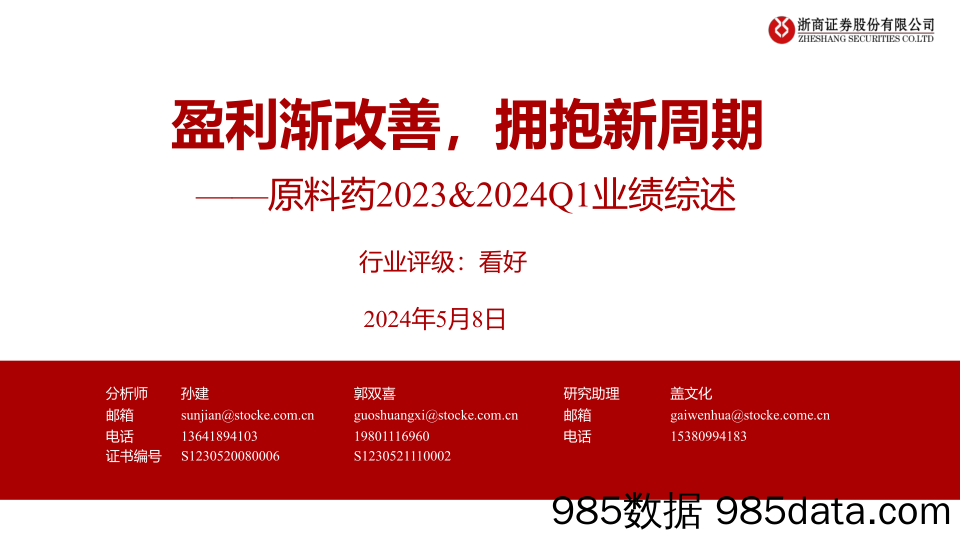 原料药行业2023%262024Q1业绩综述：盈利渐改善，拥抱新周期-240508-浙商证券