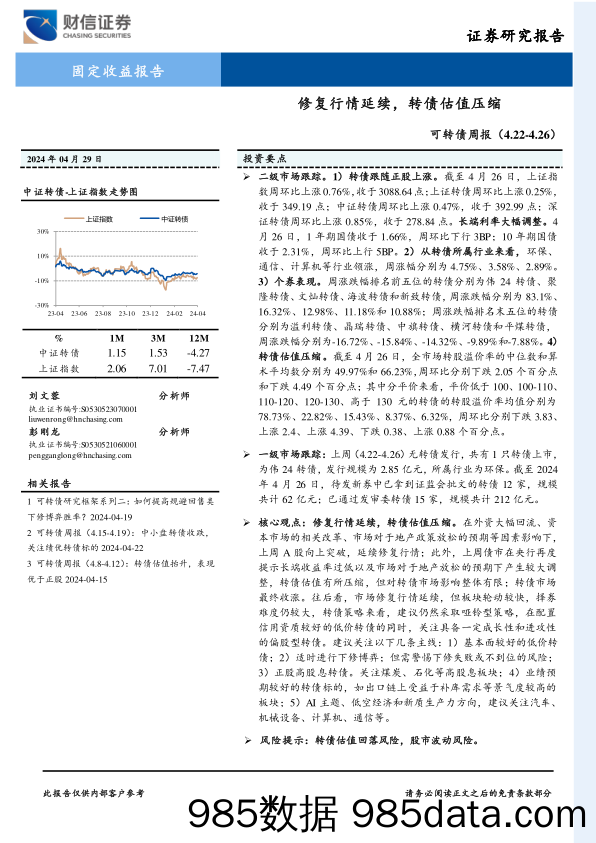 可转债：修复行情延续，转债估值压缩-240429-财信证券