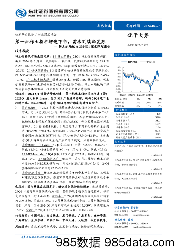 有色金属行业稀土永磁板块2024Q1深度跟踪报告：第一批稀土指标增速下行，需求延续弱复苏-240425-东北证券插图