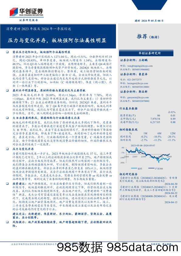 消费建材行业2023年报及2024年一季报综述：压力与变化并存，板块强阿尔法属性明显-240508-华创证券