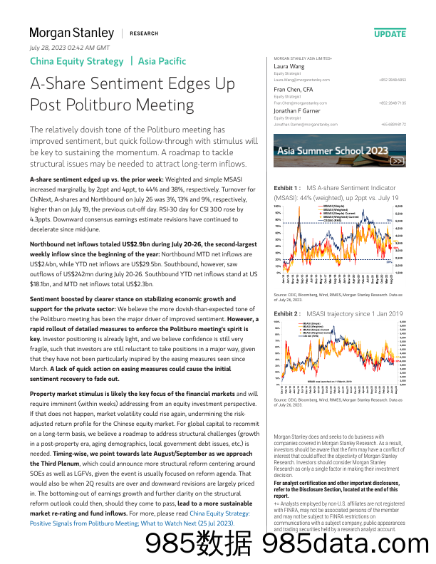 Morgan Stanley-China Equity Strategy A-Share Sentiment Edges Up Post Polit