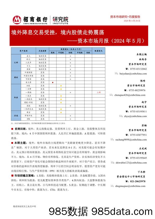 资本市场月报(2024年5月)：境外降息交易受挫，境内股债走势震荡-240429-招商银行