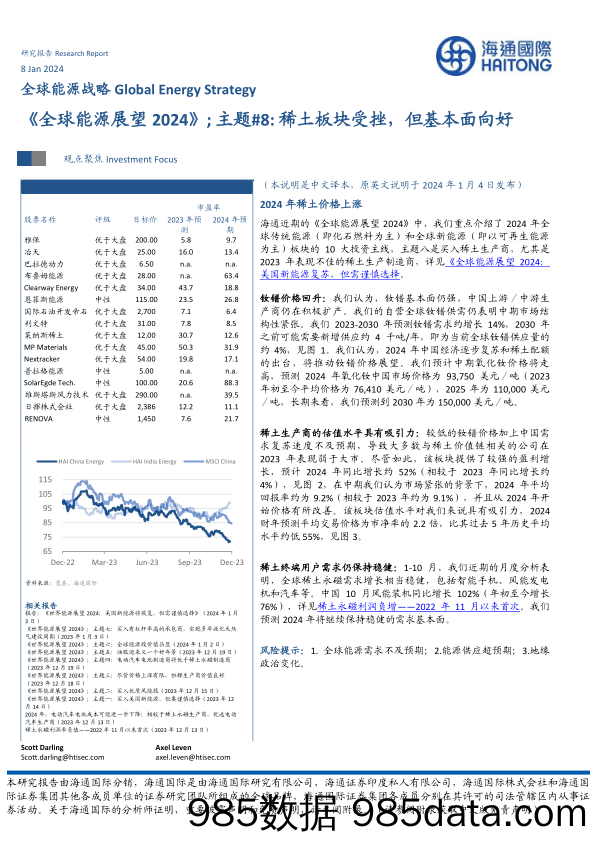 《全球能源展望2024》；主题#8：稀土板块受挫，但基本面向好-20240108-海通国际