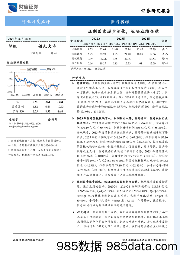 医疗器械行业月度点评：压制因素逐步消化，板块业绩企稳-240508-财信证券