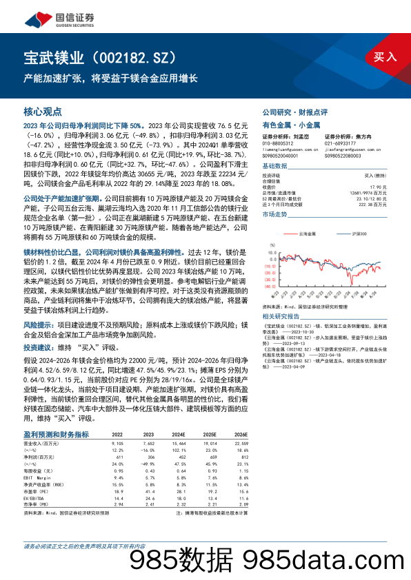 宝武镁业(002182)产能加速扩张，将受益于镁合金应用增长-240514-国信证券