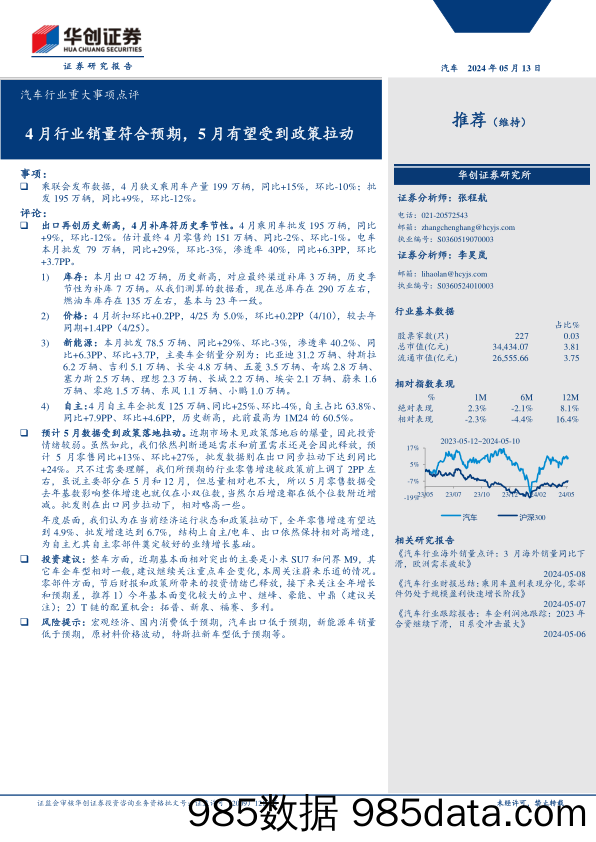 汽车行业重大事项点评：4月行业销量符合预期，5月有望受到政策拉动-240513-华创证券