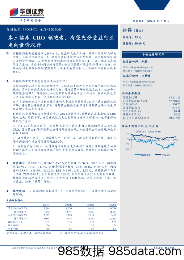 泰格医药(300347)深度研究报告：本土临床CRO领跑者，有望充分受益行业走向量价双升-240512-华创证券插图