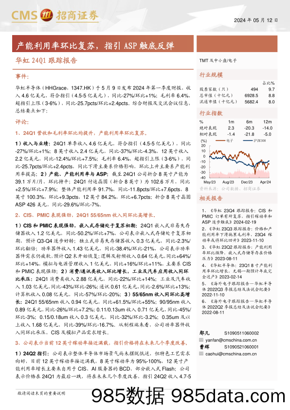 电子行业华虹24Q1跟踪报告：产能利用率环比复苏，指引ASP触底反弹-240512-招商证券