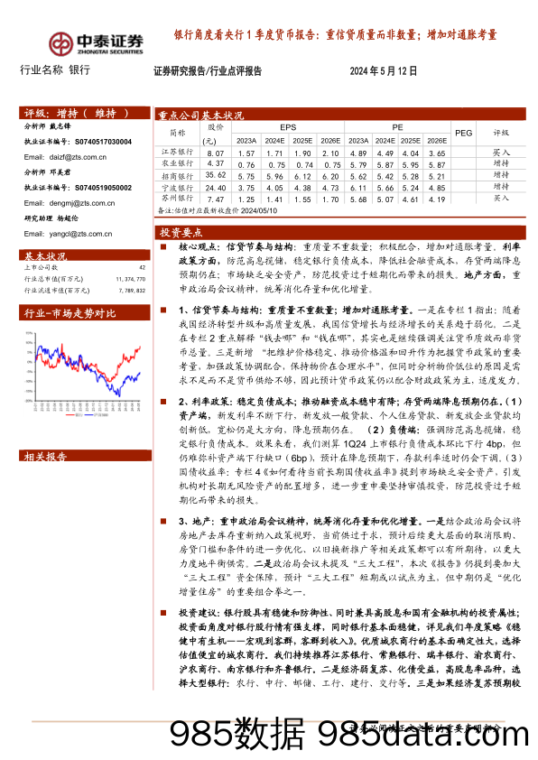 银行业角度看央行1季度货币报告：重信贷质量而非数量；增加对通胀考量-240512-中泰证券