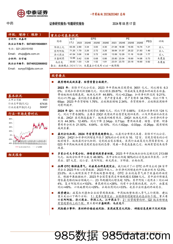 中药行业板块2023%262024Q1总结：分红%2b成长兼具，业绩趋势向上-240517-中泰证券