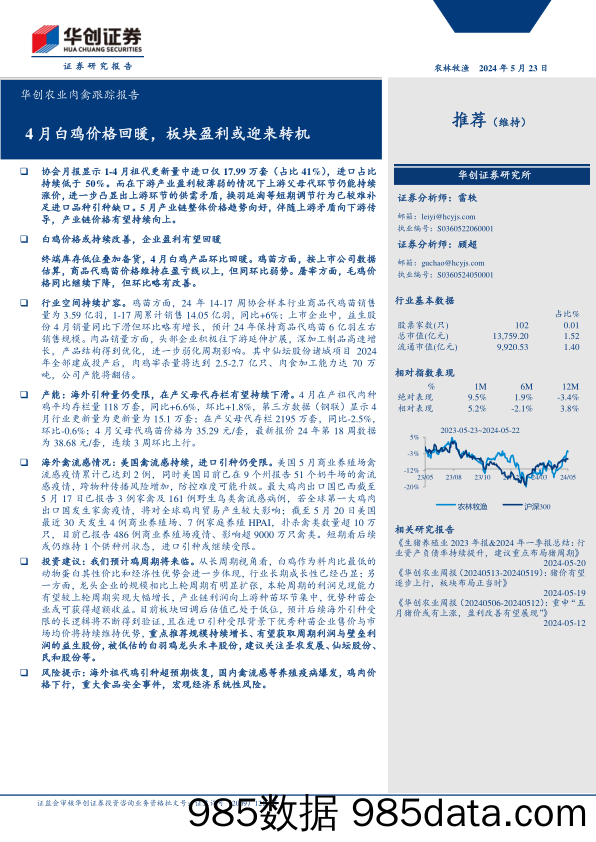 农业肉禽跟踪报告：4月白鸡价格回暖，板块盈利或迎来转机-240523-华创证券