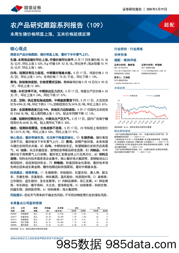 农产品研究跟踪系列报告(109)：本周生猪价格明显上涨，玉米价格延续反弹-240519-国信证券