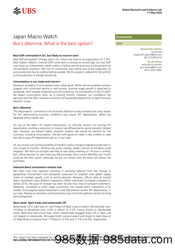 UBS Economics-Japan Macro Watch _BoJs dilemma What is the best option_ ...-108273025