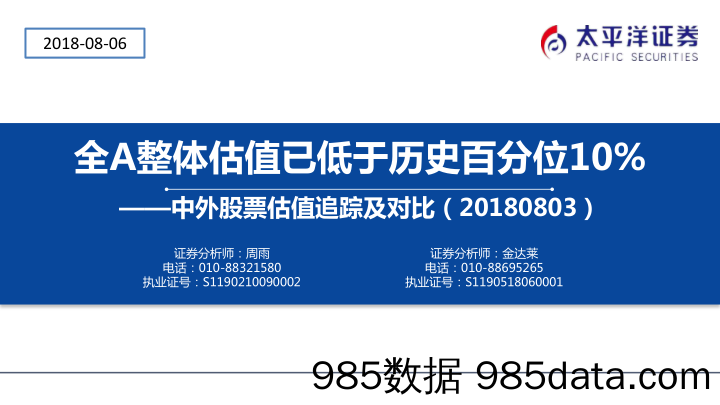 中外股票估值追踪及对比：全A整体估值已低于历史百分位10%_太平洋证券