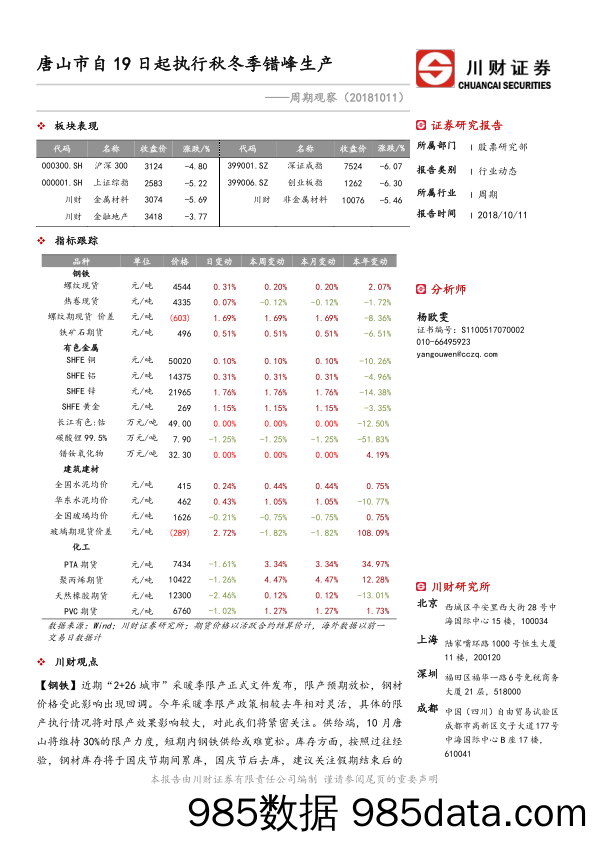 周期观察：唐山市自19日起执行秋冬季错峰生产_川财证券