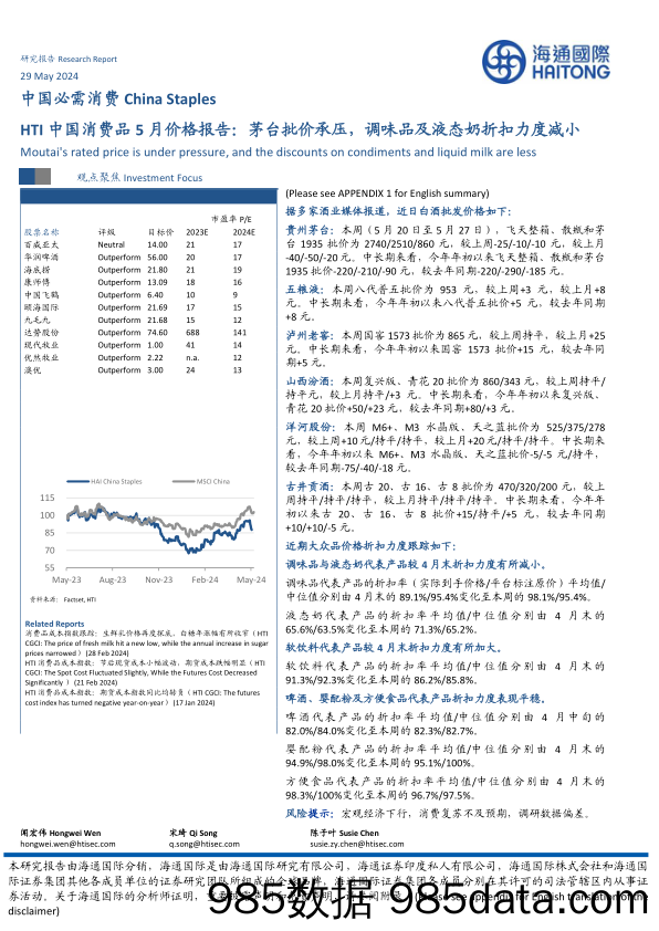 中国必需消费行业HTI中国消费品5月价格报告：茅台批价承压，调味品及液态奶折扣力度减小-240529-海通国际