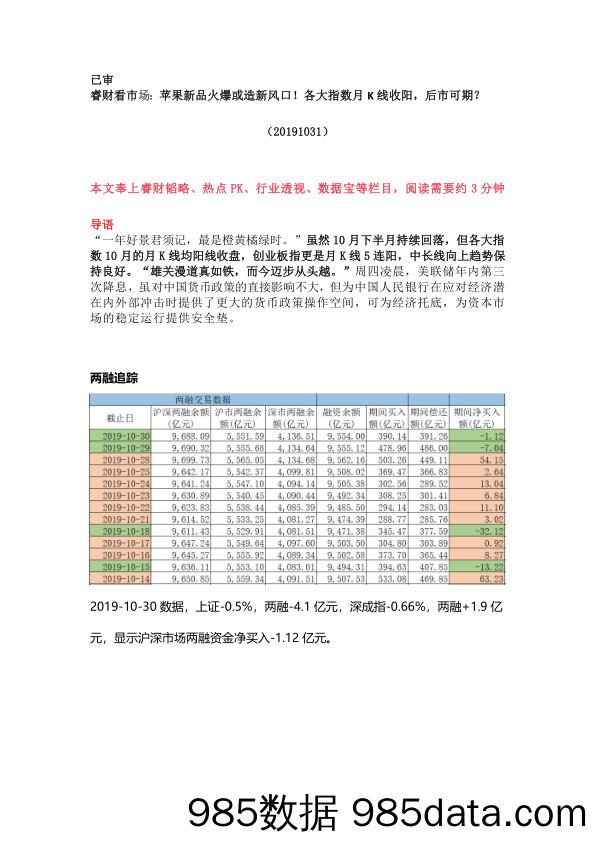 2019-11-01_策略报告_睿财看市场：苹果新品火爆或造新风口！各大指数月K线收阳，后市可期？_恒泰证券