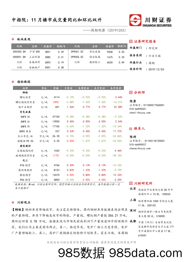 2019-12-03_策略报告_周期观察：中指院：11月楼市成交量同比和环比双升_川财证券