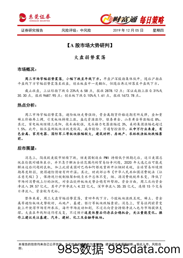 2019-12-05_策略报告_财富通每日策略_东莞证券