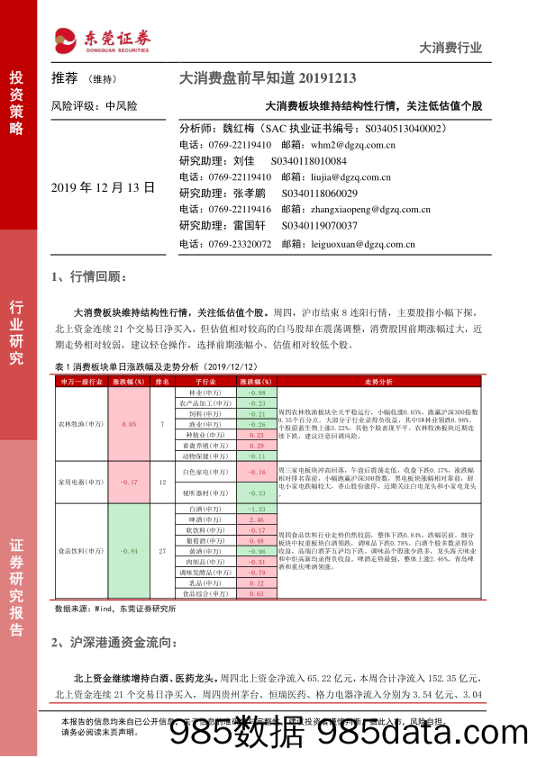 2019-12-13_策略报告_大消费盘前早知道：大消费板块维持结构性行情，关注低估值个股_东莞证券