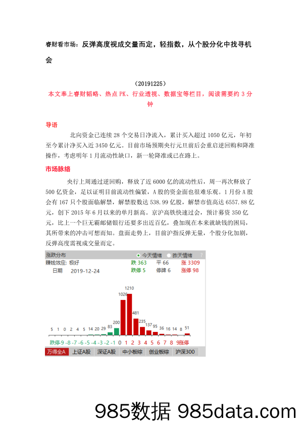 2019-12-26_策略报告_睿财看市场：反弹高度视成交量而定，轻指数，从个股分化中找寻机会_恒泰证券