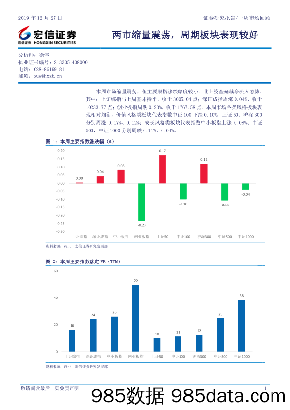 2019-12-29_策略报告_一周市场回顾：两市缩量震荡，周期板块表现较好_宏信证券