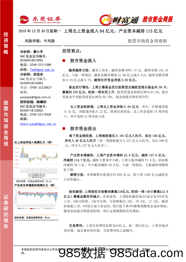 2019-12-31_策略报告_股票市场资金周观察：上周北上资金流入64亿元，产业资本减持115亿元_东莞证券